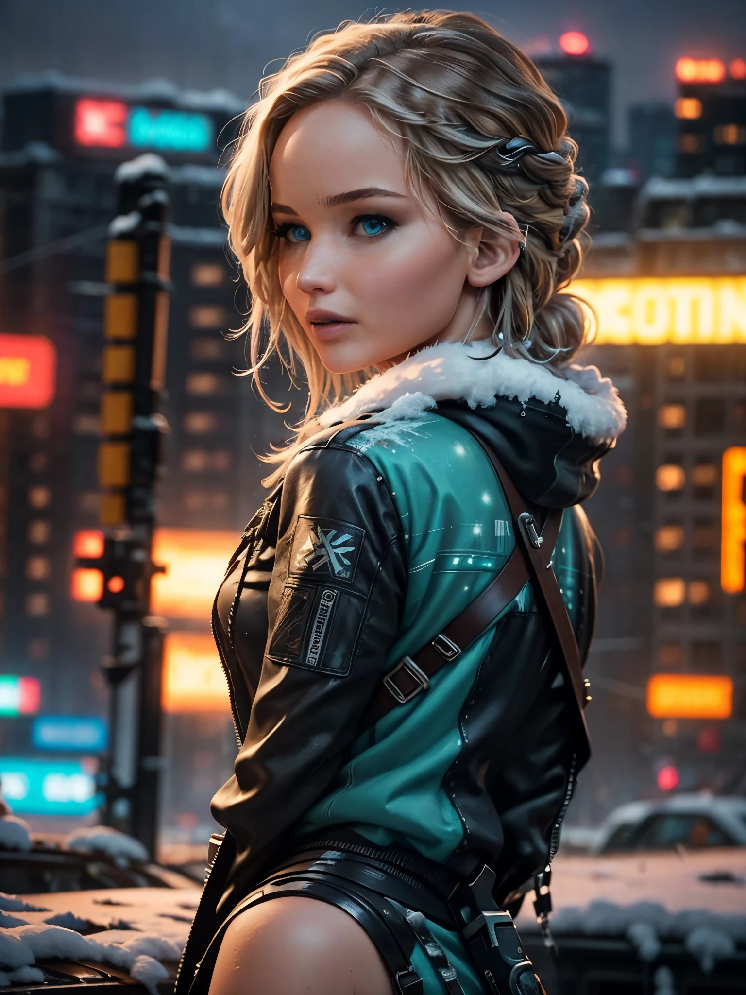 Photorealistic, high fidelity, RTX.  Jennifer Lawrence as a teenage girl from the Hunger Games, turned to the back, behind shot, she have metal crossbow and arrows, exploring a snowy landscape in a cyberpunk city. Neon lights and holograms create a winter wonderland with a futuristic twist. Her stylish outfit and energetic pose showcase her adventurous spirit and love for cyberpunk winter adventures.