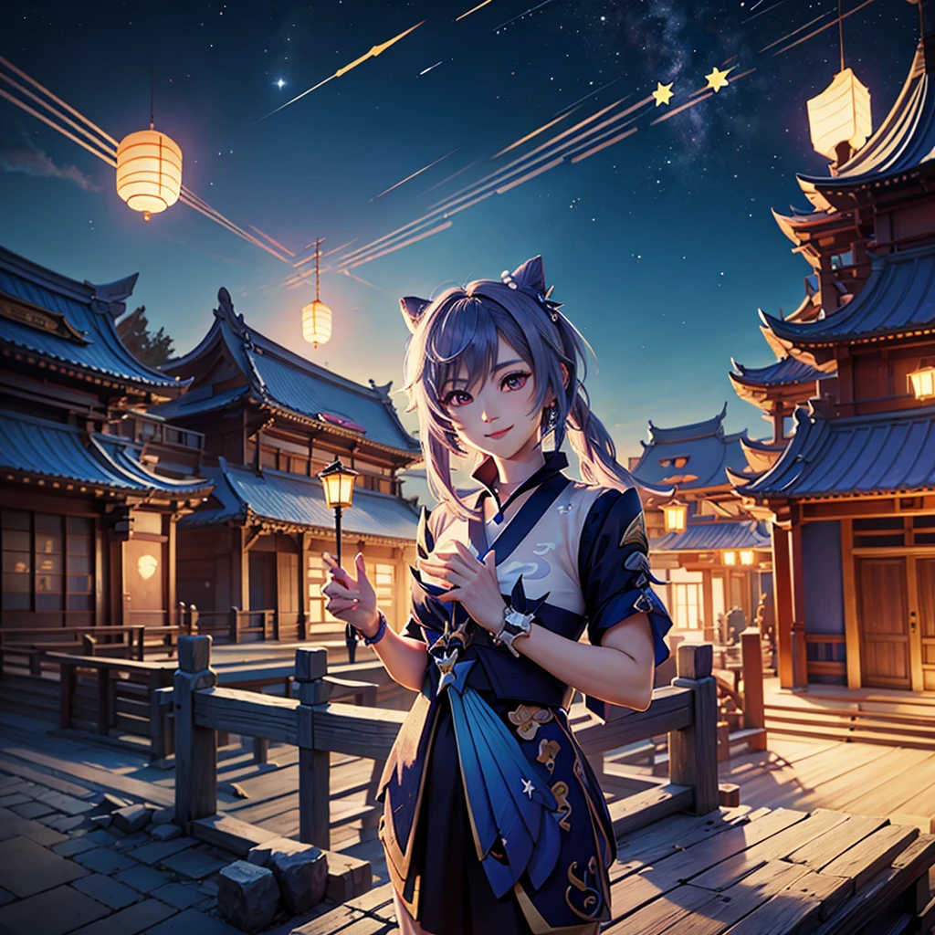 Keqing from Genshin Impact, night, colorful stars, looking at viewer, reaching hand out, smiling