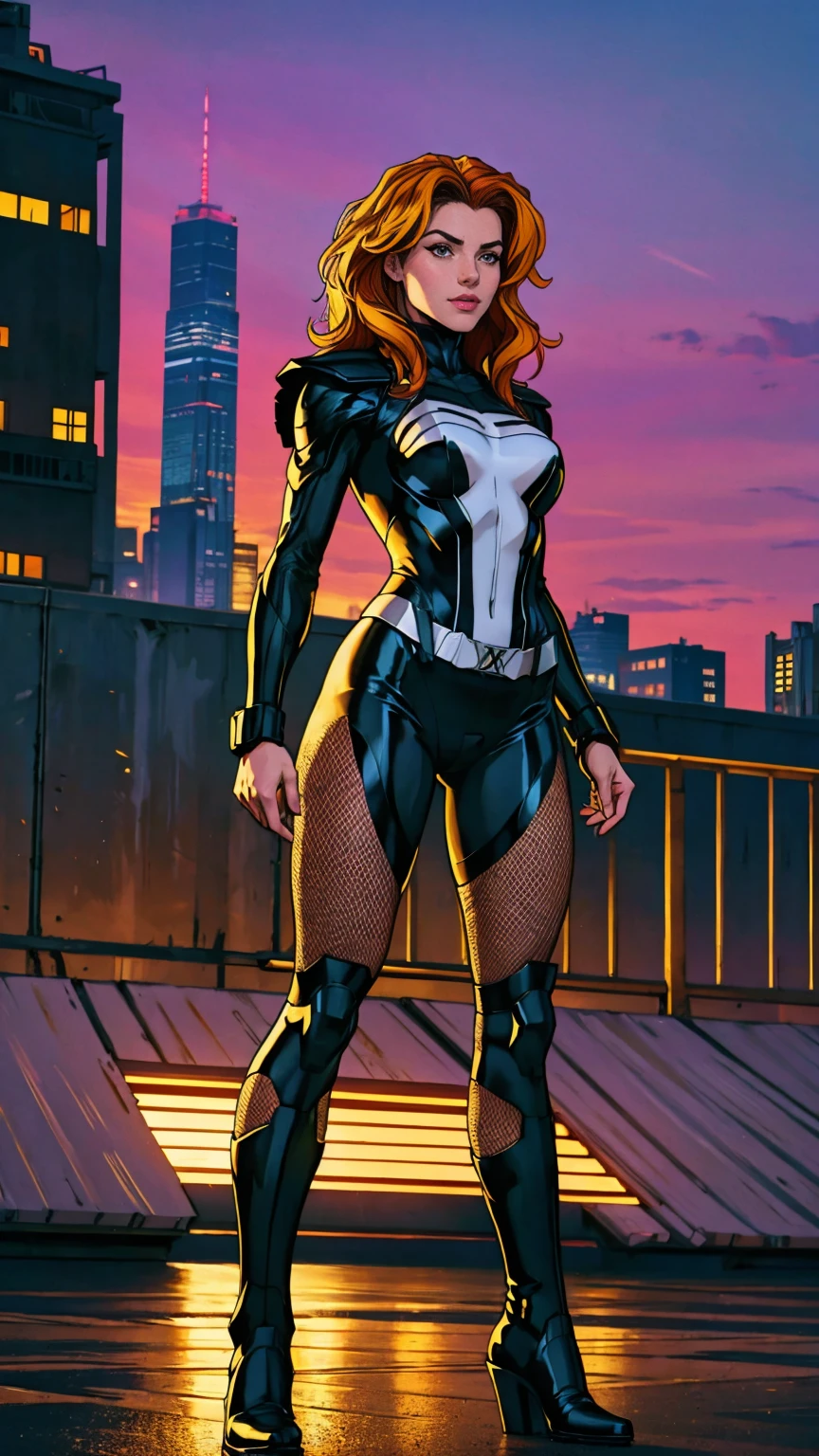 ((Full body photo, standing, feet on the ground)) (best quality, 4k, 8k, high resolution, masterpiece: 1,2), ultra-detailed, fishnet tights, (realistic, photorealistic, photorealistic: 1, 37), full body photo, Rogue, X-Men, yellow high boots, beauty pose, standing, show feet, outside, city roof at night, black and white uniform

