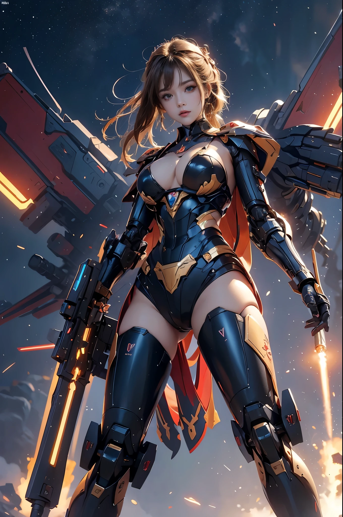 Robô de combate muito grande carregando camadas de pessoal dentro, semelhante a: (mas NÃO é o mesmo que ZGMF-X20A Strike Freedom), o robô de combate é a versão melhorada de seu tipo e é caracterizado por sua cor rosa, Azul e dourado, Linhas finas, sombras profundas, bem como suas grandes asas com quatro discretos bicos de caça. O robô de combate está armado com uma variedade de armas, incluindo canhões laser, rifles de energia e espadas de feixe. Com um design elegante e seu poder de fogo fazem dela uma máquina formidável e a mais bonita no campo de batalha. altamente estético. ((Fundo Mecha gigante)), iluminado por refletores vindos de baixo, Qualidade RAW