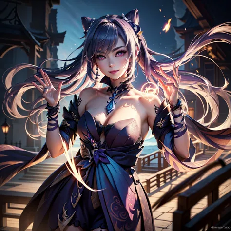 a highly detailed portrait of keqing from genshin impact, standing in a night scene with colorful stars in the background, looki...