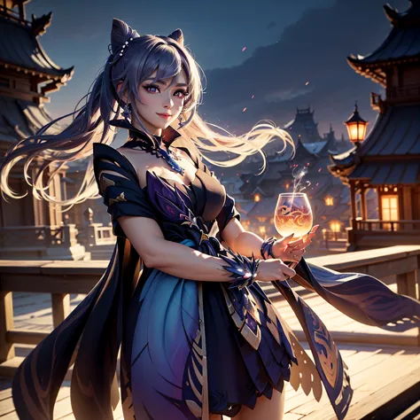 a highly detailed portrait of keqing from genshin impact, standing in a night scene with colorful stars in the background, looki...