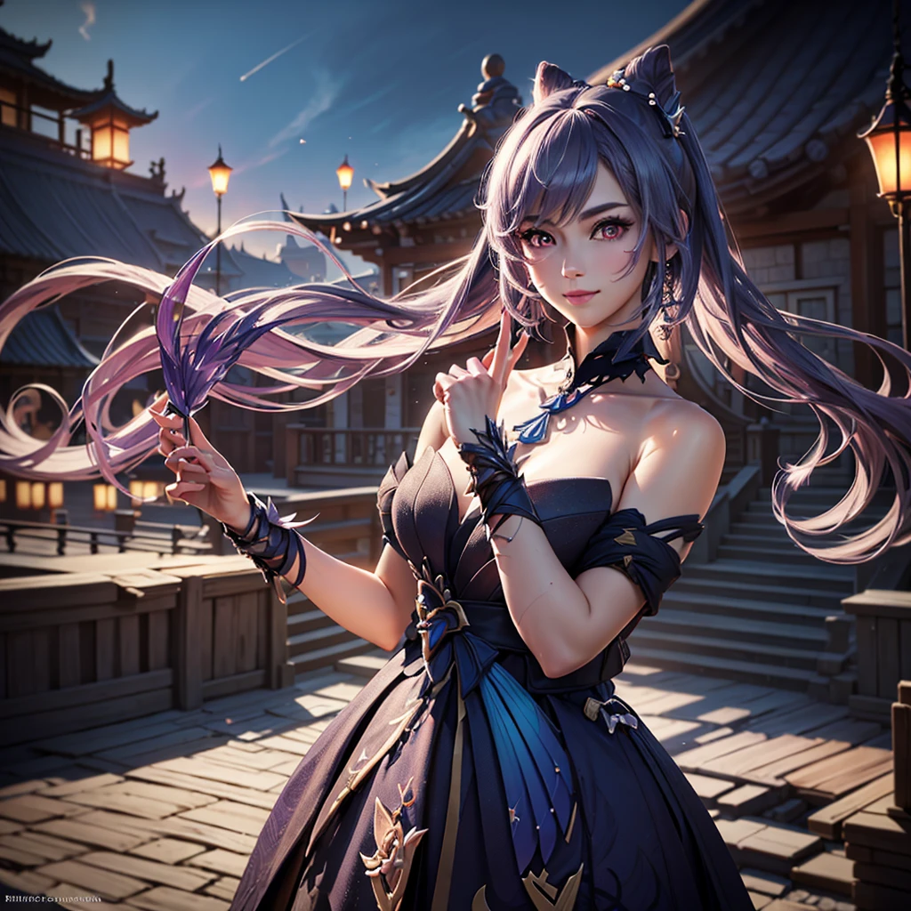 A highly detailed portrait of Keqing from Genshin Impact, standing in a night scene with colorful stars in the background, looking directly at the viewer with a warm, friendly smile, her hand reaching out towards the camera, (best quality,4k,8k,highres,masterpiece:1.2),ultra-detailed,(realistic,photorealistic,photo-realistic:1.37),cinematic lighting,intricate details,glowing eyes,flawless skin,elegant hairstyle,detailed jewelry,delicate facial features,dynamic pose,vibrant colors,fantasy,digital art