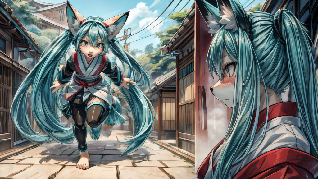 Japanese adolescent hatsune miku x kitsune , fox face elongated snout add-detail, Surprise face, sweaty body, heated add_detail,, shinobi warrior add_detail:1, Whole body, barefoot