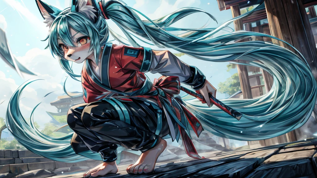 Japanese adolescent hatsune miku x kitsune , fox face elongated snout add-detail, Surprise face, sweaty body, heated add_detail,, shinobi warrior add_detail:1, Whole body, barefoot