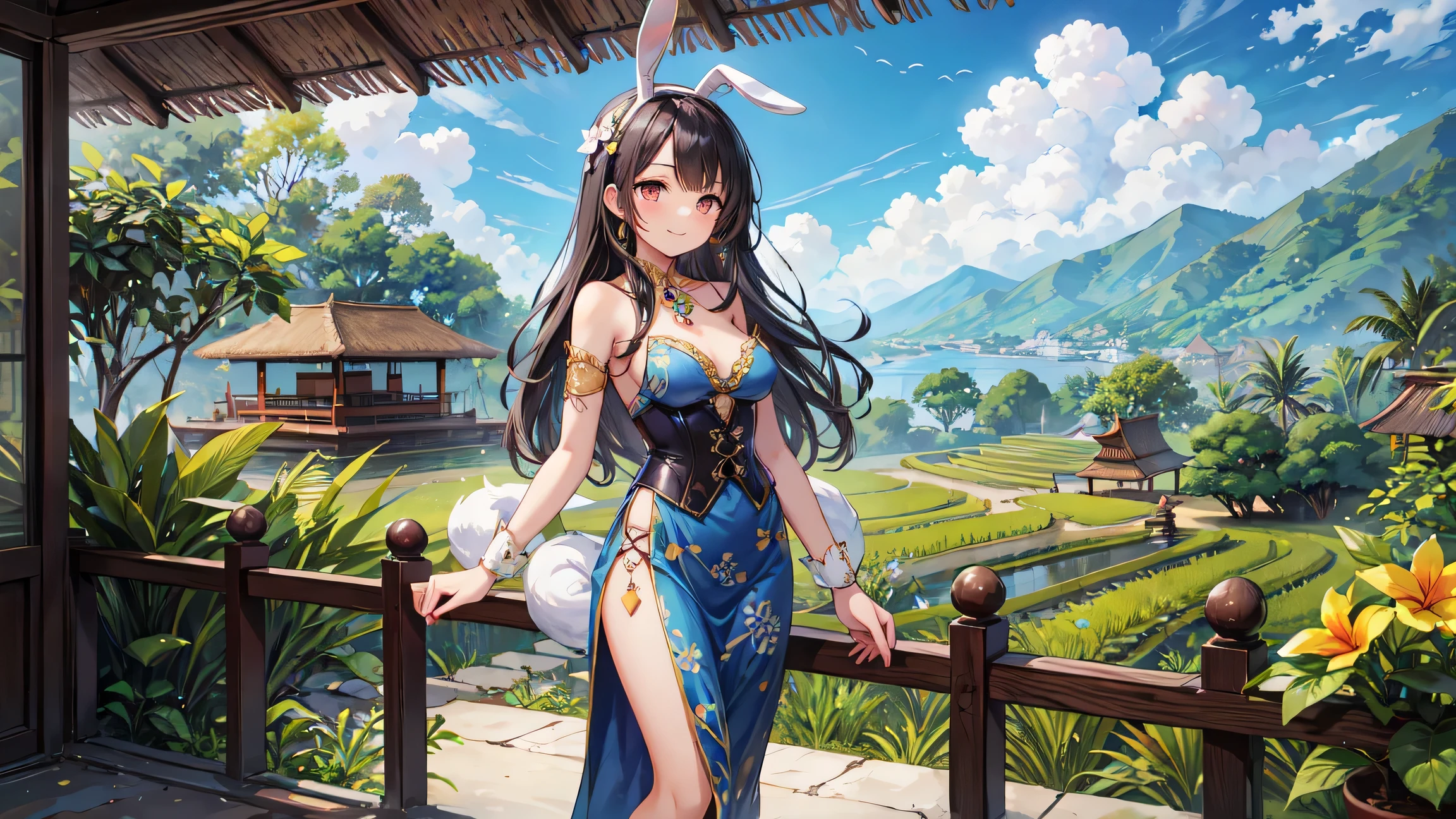 "A beautiful Indonesian bunny girl, wearing a kebaya-inspired bunny outfit. She has long, wavy black hair adorned with a frangipani flower, deep brown eyes, and a warm smile. The outfit includes a corset styled like a traditional kebaya with intricate lace and batik patterns in colors such as deep blue and gold, matching high heels, and a pair of fluffy white bunny ears decorated with small traditional Indonesian jewelry. She is holding a traditional Indonesian fan. She is standing in a lush Indonesian garden with tropical plants, a traditional Balinese gate, and a view of rice terraces in the background. The atmosphere is vibrant and culturally rich, capturing the essence of Indonesian heritage."
