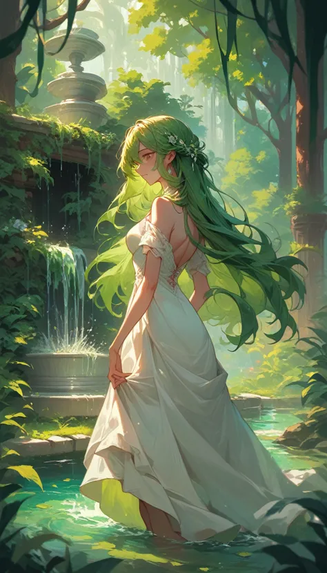 the goddess of the spring, emerald green hair, long hair that reaches down to her waist, scene of rising from the fountain, floa...