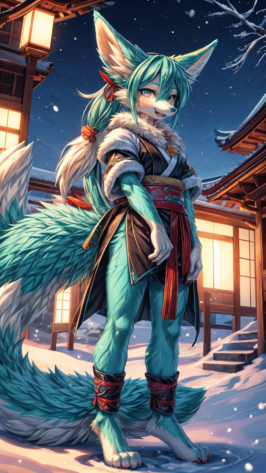 The best quality, Japanese adolescent hatsune miku x kitsune , fox face elongated snout add-detail, Surprise face, sweaty body, heated add_detail,, kitsune warrior in the snow add_detail:1, barefoot add_detail:1 mistycal aura