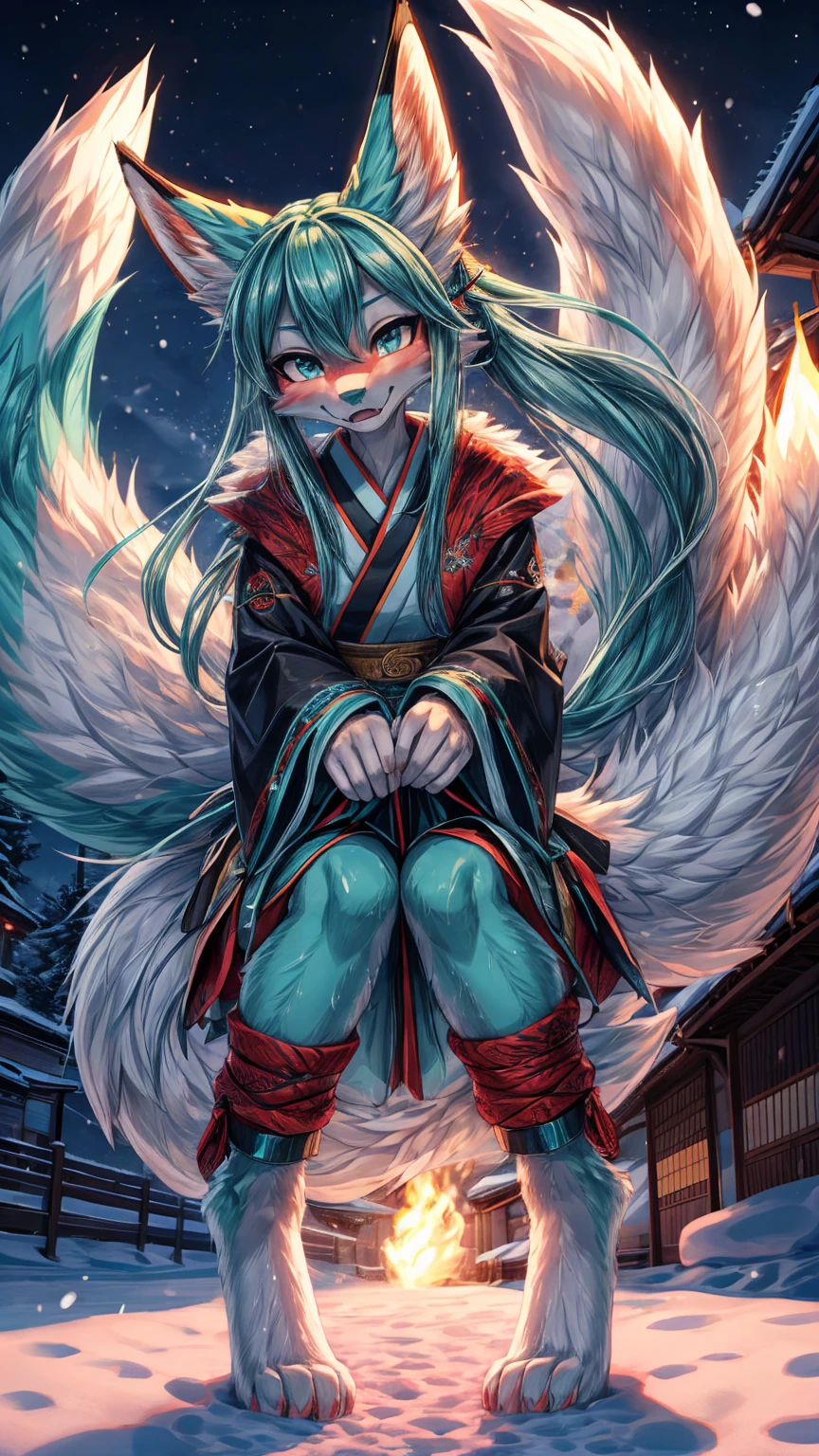 The best quality, Japanese adolescent hatsune miku x kitsune , fox face elongated snout add-detail, Surprise face, sweaty body, heated add_detail,, kitsune warrior in the snow add_detail:1, barefoot add_detail:1 mistycal aura