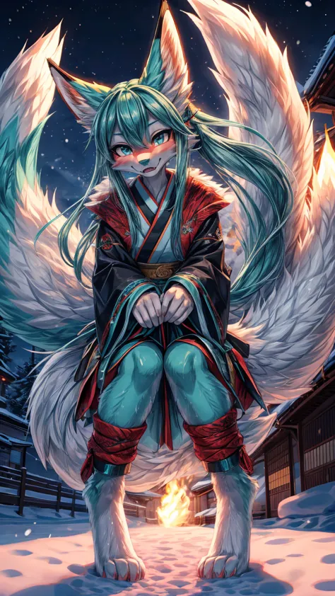 the best quality, japanese adolescent hatsune miku x kitsune , fox face elongated snout add-detail, surprise face, sweaty body, ...