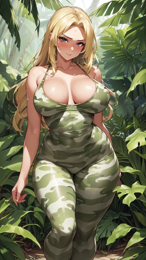 (masterpiece, high resolution:1.3), (beautiful, alluring blonde girl, with an impeccable, irresistible body, large breasts, and thick, shapely legs, walking confidently through the dense, lush jungle, dressed in tight, form-fitting camouflage pants and a matching top that accentuate her curves and reveal her toned, athletic figure:1.2), (her sultry, seductive gaze, locked onto the viewer, inviting them to join her on a wild, passionate adventure in the heart of the jungle:1.2), (the vibrant, exotic surroundings, filled with towering trees, colorful foliage, and the sounds of wildlife, creating a sensual, primal atmosphere that heightens the sexual tension:1.2), (the warm, humid air, causing a thin sheen of sweat to glisten on the girl's skin, as she moves gracefully and purposefully through the underbrush, her every movement exuding confidence, strength, and raw, animal magnetism:1.2), (an image that captures the essence of desire, temptation, and the irresistible allure of a woman who knows how to use her body to drive men wild:1.3), (ultra photorealistic, highlighting the fine details of the girl's attire, her facial features, and the surrounding jungle, as well as the delicate curves and contours of her body, partially revealed by her tight, camouflage clothing:1.3), (an image that transports viewers into the heart of a steamy, exotic jungle, where they can experience the thrill and excitement of encountering the seductive blonde girl:1.2), (a scene that embodies the fusion of nature, sensuality, and the human form, celebrating the girl's captivating beauty and magnetic presence:1.2), (lust:1.3), (4K cinematic quality:1.3), (((sfw)))