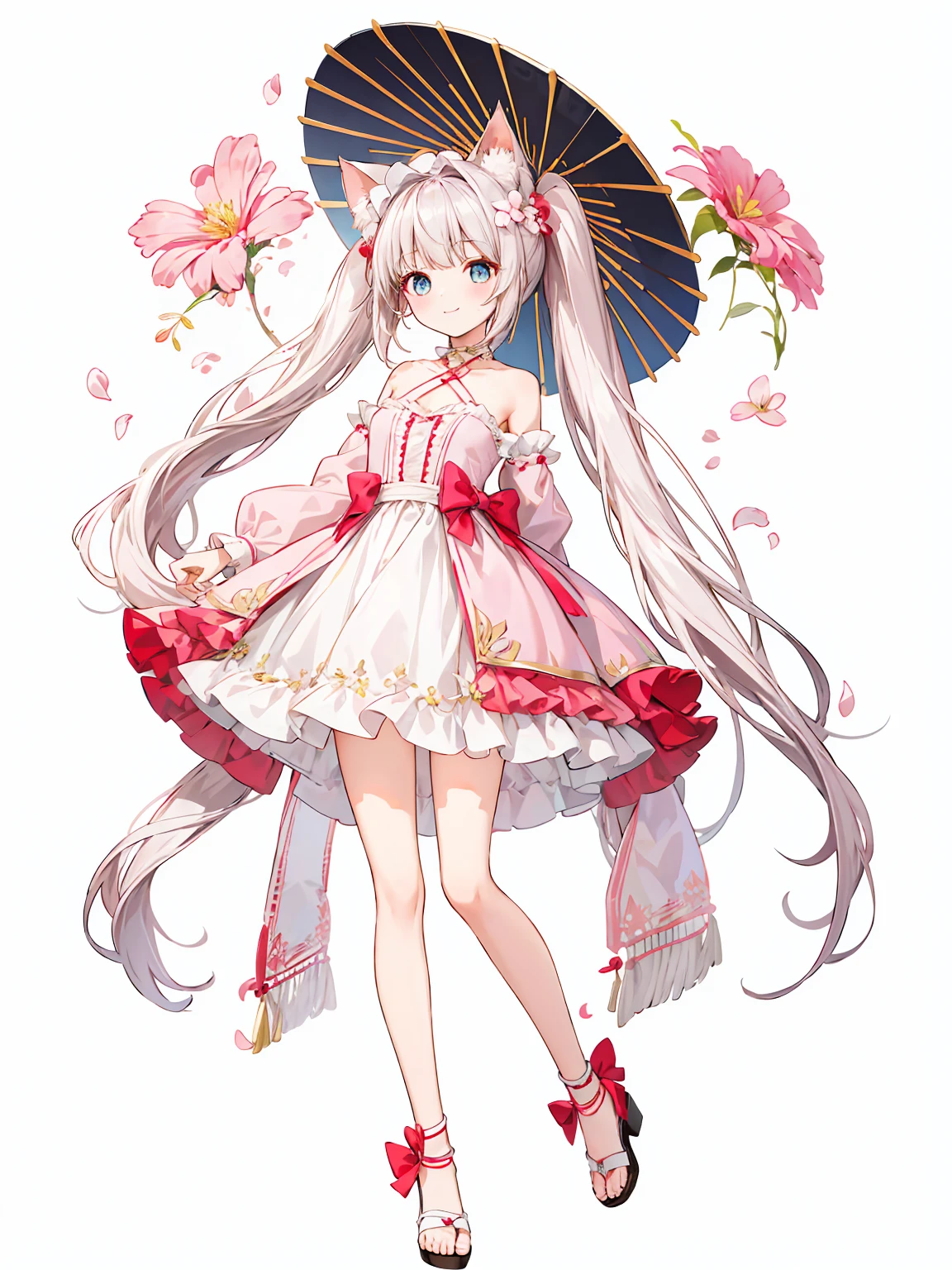 Full body ,dynamic Standing ,(เหมือนจริง:1.37)、Full body ,(ผลงานชิ้นเอก), Chattotori， 1girll， pink sleeve， solo，Cat ears， Long ponytail，Gorgeous cake dress， full bodyesbian，adolable， a skirt， looking at viewert， shift dresses， exposed bare shoulders， Bare legs， Beautiful detailed eyes， Be red in the face， standing on your feet， clavicle， No shoulder strap， bucket-hat， Footwear， leges， frilld， flatchest， short skirt， Bow knot， longer sleeves， arms at sides， beatiful background，beautiful illustration, best quality, cute girl, happy, dynamic angle, armpit,masterpiece, best quality, 1girl, solo, long_hair, looking_at_viewer, white hair twintails, grees eyes, smile, bangs, white princess dress, long_sleeves, hat, dress, bow, holding, closed_mouth, flower, frills, hair_flower, petals, bouquet, holding sword, center_frills, bonnet, holding_bouquet, tachi-e, full body , พื้นหลังสีขาว , (Full body:1.5), Blank white background, (white background), Transparent background, looking down, ((masterpiece, illustration, best quality)) 