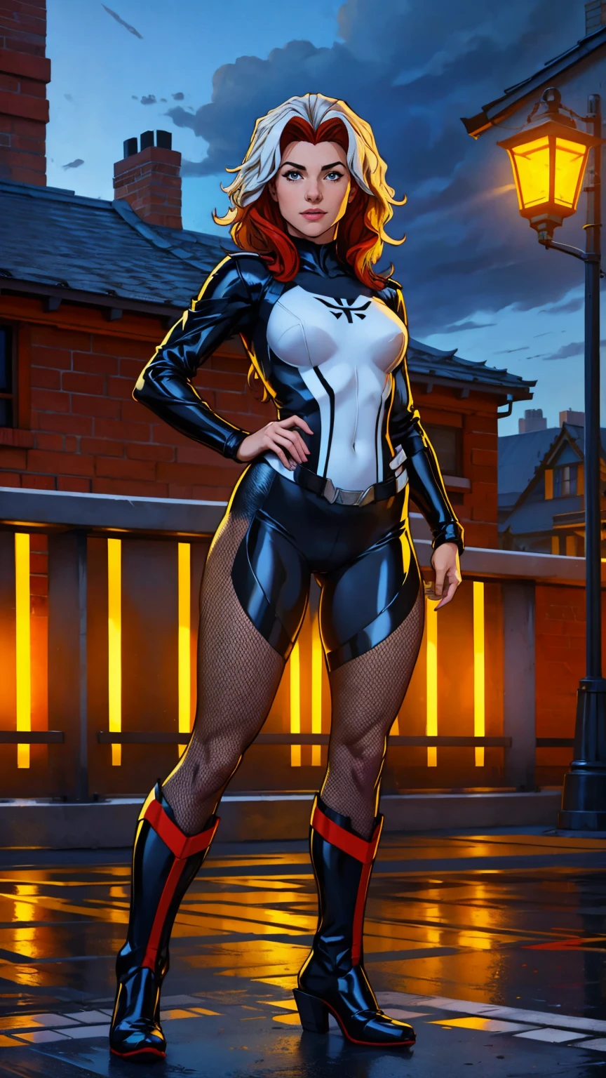 ((Full body photo, standing, feet on the ground)) (best quality, 4k, 8k, high resolution, masterpiece: 1,2), ultra-detailed, fishnet tights, (realistic, photorealistic, photorealistic: 1, 37), full body photo, Rogue, X-Men, yellow high boots, beauty pose, standing, show feet, outside, city roof at night, black and white uniform

