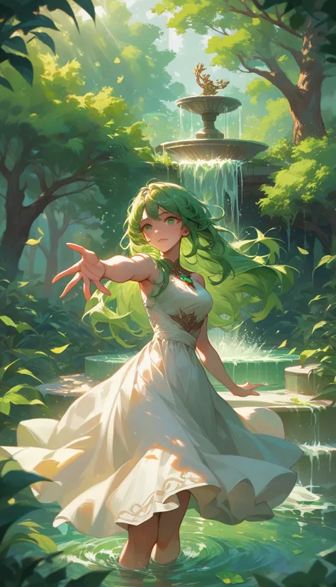 the goddess of the spring, emerald green hair, long hair that reaches down to her waist, scene of rising from the fountain, floa...