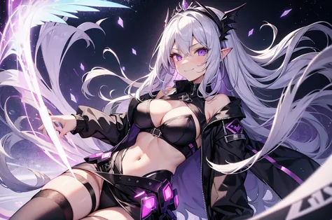 best quality, 8k, 1 girl, succubus, wings, solo, , silver hair, long wavy hair, purple eyes, hair between eyes, crop_top, jacket...