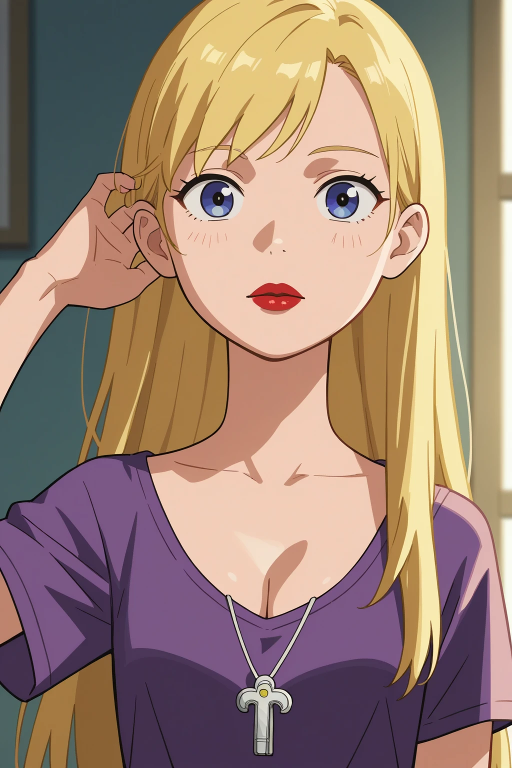 score_9, score_8_up, score_7_up, source_anime, best quality, high resolution, masterpiece, absurdres,vector trace,anime screencap, key art style, cinematic lighting, morning, 1girl, solo, standing, (upper body, close-up), cdamco, connie d'amico, blonde hair, long hair, red lips, purple shirt, teenager, bust, cleavage, looking at viewer