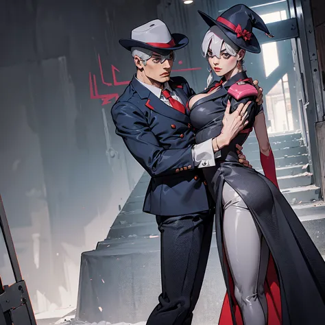 Two people. A woman and a man. Woman in gray suit and red tie. Man in pinstripe suit and white hat. Pose of a couple. Jojo pose