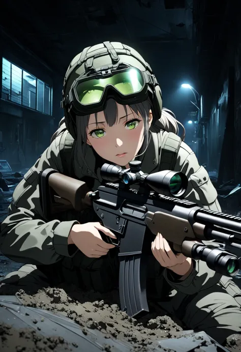 ultra-high resolution 3d cg art,a modern soldier girl is sniping at night,girls are modern snipers,her hair is short and chestnu...