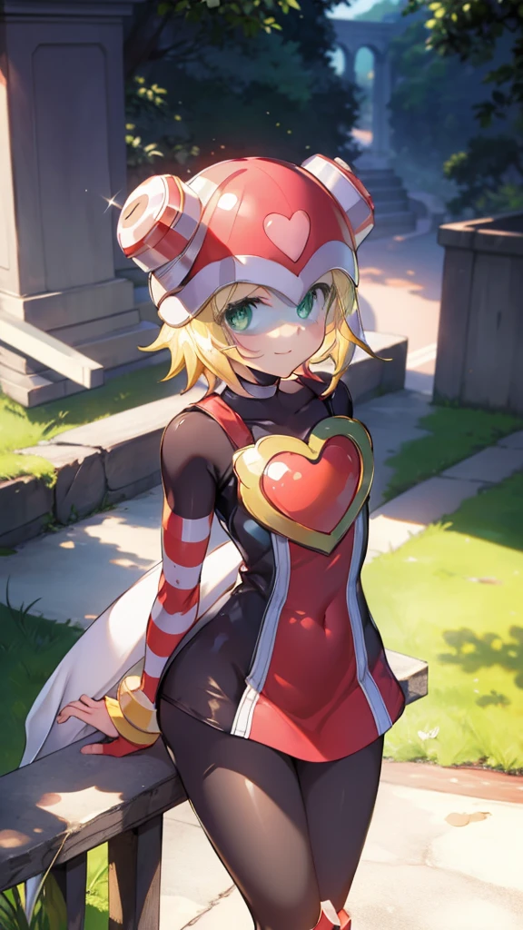 masterpiece,Highest quality,One girl,Harp Notes_Mega Man,Blonde,short hair,Bodysuits,heart,((Helmet)),Green Eyes,smile,Leaning forward,Put your arms behind your back,View your viewers,