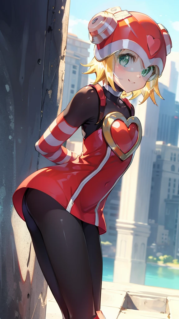 masterpiece,Highest quality,One girl,Harp Notes_Mega Man,Blonde,short hair,Bodysuits,heart,((Helmet)),Green Eyes,smile,Leaning forward,Put your arms behind your back,View your viewers,