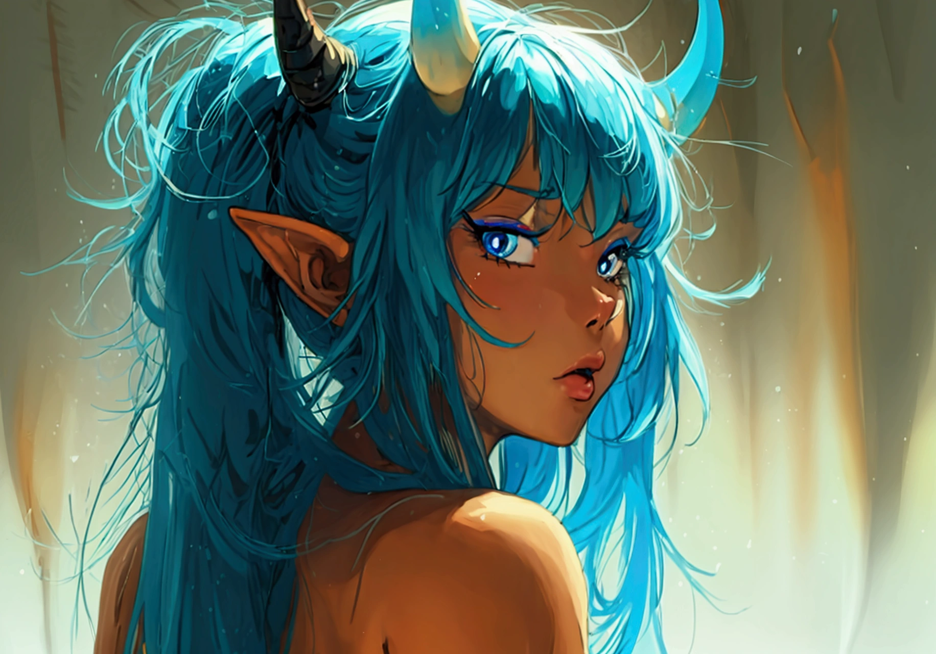 1980's style, retro, source anime, flat color, illustration. lum, single_braid, blue hair, blue eyes, horns, pointy ears, aqua hair, oni horns, eyeshadow, A beautiful detailed woman with expressive eyes, perfect face, 1 girl, solo, anime style, braided ponytail, standing, cowboy shot, looking at viewer, nude, (best quality,4k,8k,highres,masterpiece:1.2), a girl in a sensual pose, detailed beautiful face, long eyelashes, detailed lips, intricate details, from the side, booty up, doggy style, best quality, 8k, high resolution, masterpiece, anime style, photorealistic, vivid colors, dramatic lighting, cinematic, elegant, erotic, sensual, mature