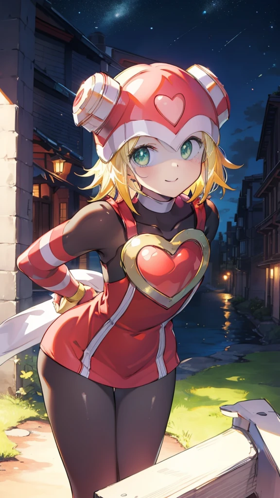 masterpiece,Highest quality,One girl,Harp Notes_Mega Man,Blonde,short hair,Bodysuits,heart,((Helmet)),Green Eyes,smile,Leaning forward,Put your arms behind your back,View your viewers,