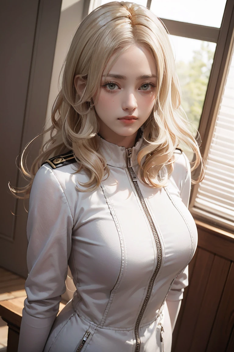 ((((masterpiece, Highest quality, High resolution)))), Very detailed16K, スリムな体を持つsexyな美しい21歳の日本人の女の子, (Ultra HD, Very detailed, Very detailed, Very realistic, Ultra-realistic, Photo Real), (One girl:1.5), (Light blonde hair:1.2), Long Spanish Curls, (Dynamic pose), To the camera, A light smile, (Big shiny breasts, Glowing Skin: 1.2), (Beautifully detailed face, Beautiful and delicate brown eyes), (Shiny white long captain cotton jacket, The zipper on the chest is wide open and won&#39;t close, Black see-through lace bra, Shiny black cotton pants:1),Shine, (Beautiful sunset, Soft sunlight), sexyな長い脚, naked,Exposed breasts,sexy, blush,Looking up at the sky, Ultra-realisticな広大な風景, photogenic scenery,Standing on the board in a shiny pose, Luxury Yacht ,