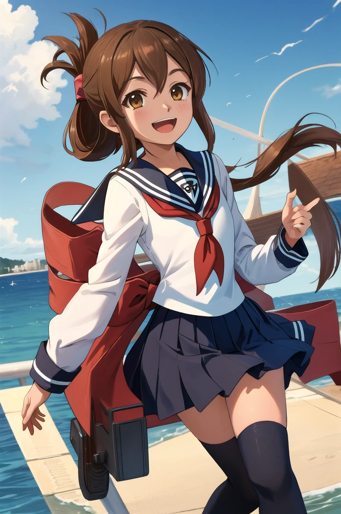 Highest quality, masterpiece, High resolution, alone, {inazuma_Fleet Collection}, brown_hair, Folded_ponytail, brown_eye, length_hair, Open_mouth, smile, Sailor suit