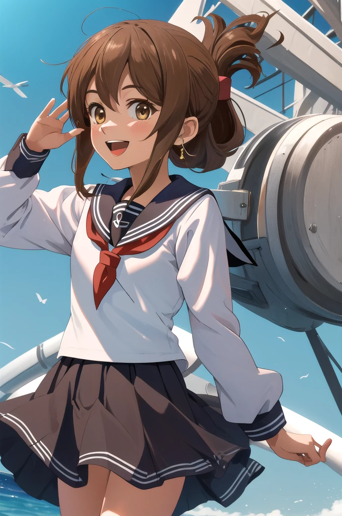 Highest quality, masterpiece, High resolution, alone, {inazuma_Fleet Collection}, brown_hair, Folded_ponytail, brown_eye, length_hair, Open_mouth, smile, Sailor suit