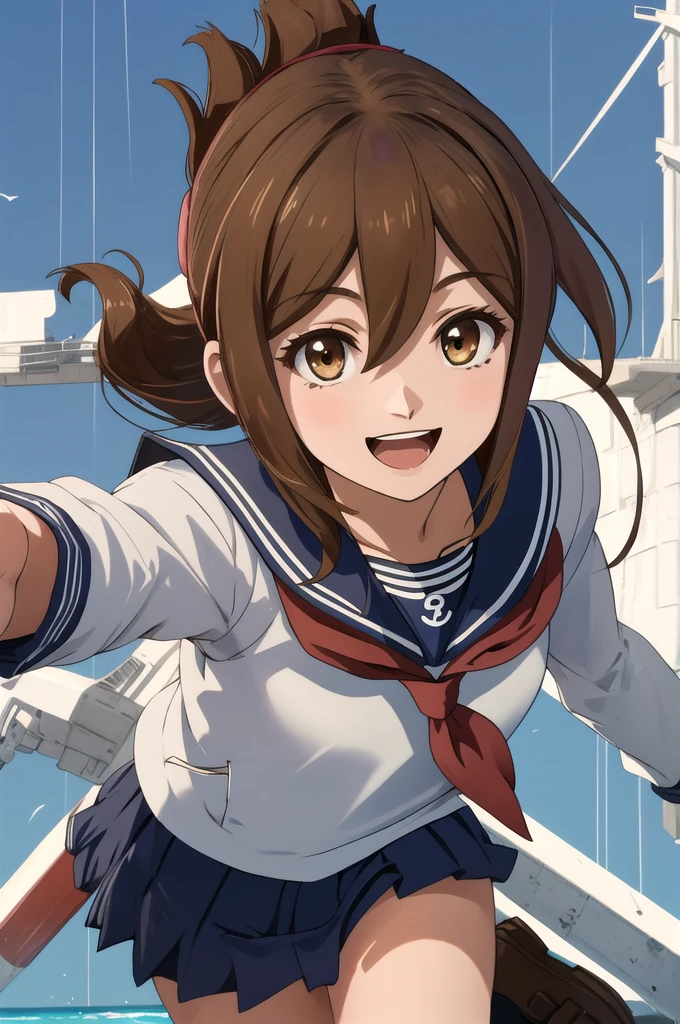 Highest quality, masterpiece, High resolution, alone, {inazuma_Fleet Collection}, brown_hair, Folded_ponytail, brown_eye, length_hair, Open_mouth, smile, Sailor suit