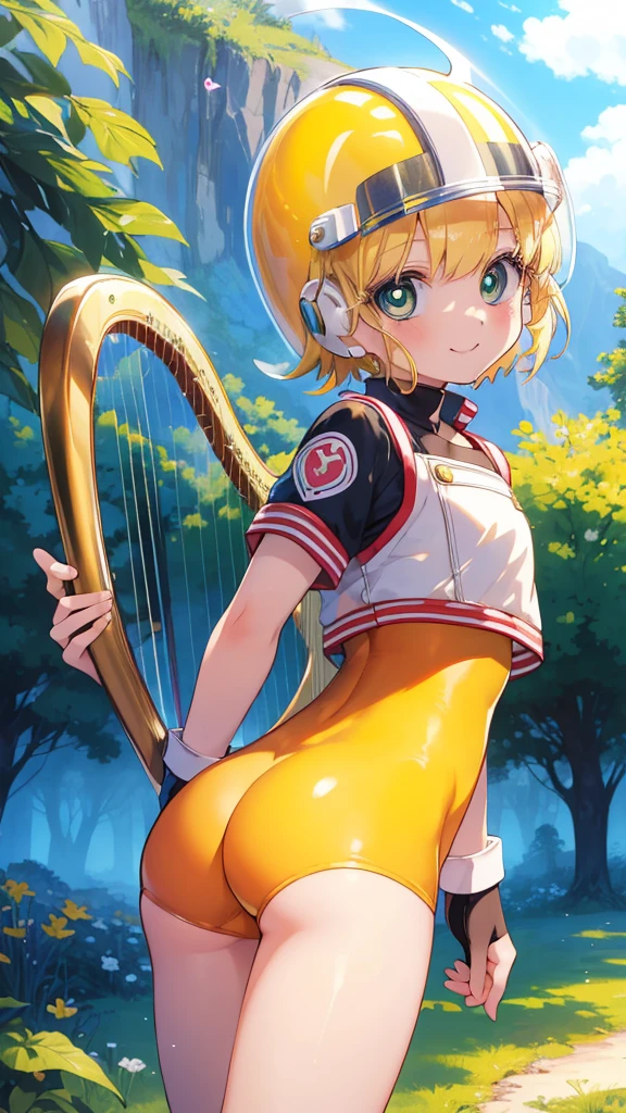 masterpiece,Highest quality,One girl,Harp Notes_Mega Man,Blonde,short hair,Bodysuits,heart,((Helmet)),Green Eyes,smile,Leaning forward,Put your arms behind your back,View your viewers,