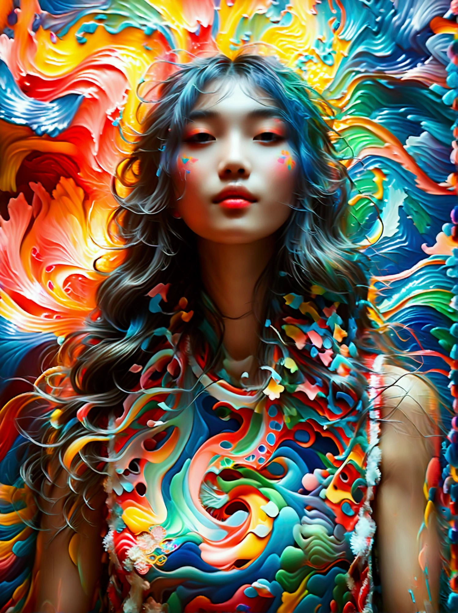 (Psychedelic painting of a beautiful girl standing in front of a colorful swirl:1.5), (Hip-hop pose:1.9)，Official Art，(Aesthetics and aesthetics:1.2)，(Fractal Art:1.3)，(Chinese girl&#39;s facial features，Extremely beautiful facial features:1.8)，Elegant dress，(Front view:1.9)，(Top photographers shoot full body shots with wide-angle lenses:1.5)，Looking at the audience，(Rainbow hair，Hair color，Half blue and half pink hair:1.2)，water，liquid，cloud，Bright colors，Like a star，masterpiece，Best quality，Anatomically correct，Textured Skin，Super Detail，8k，high resolution，Vibrant colors, Thick Line, wave, Multi-layer, prospect, view, fractal thunder dan mumford , Dan Mumford and Alex Grey Styles, Inspired by Cyril Rolando，Psychedelic Surreal Art, Surreal psychedelic design, Dream Art Style,  Psychedelic Art, Infinite psychedelic waves