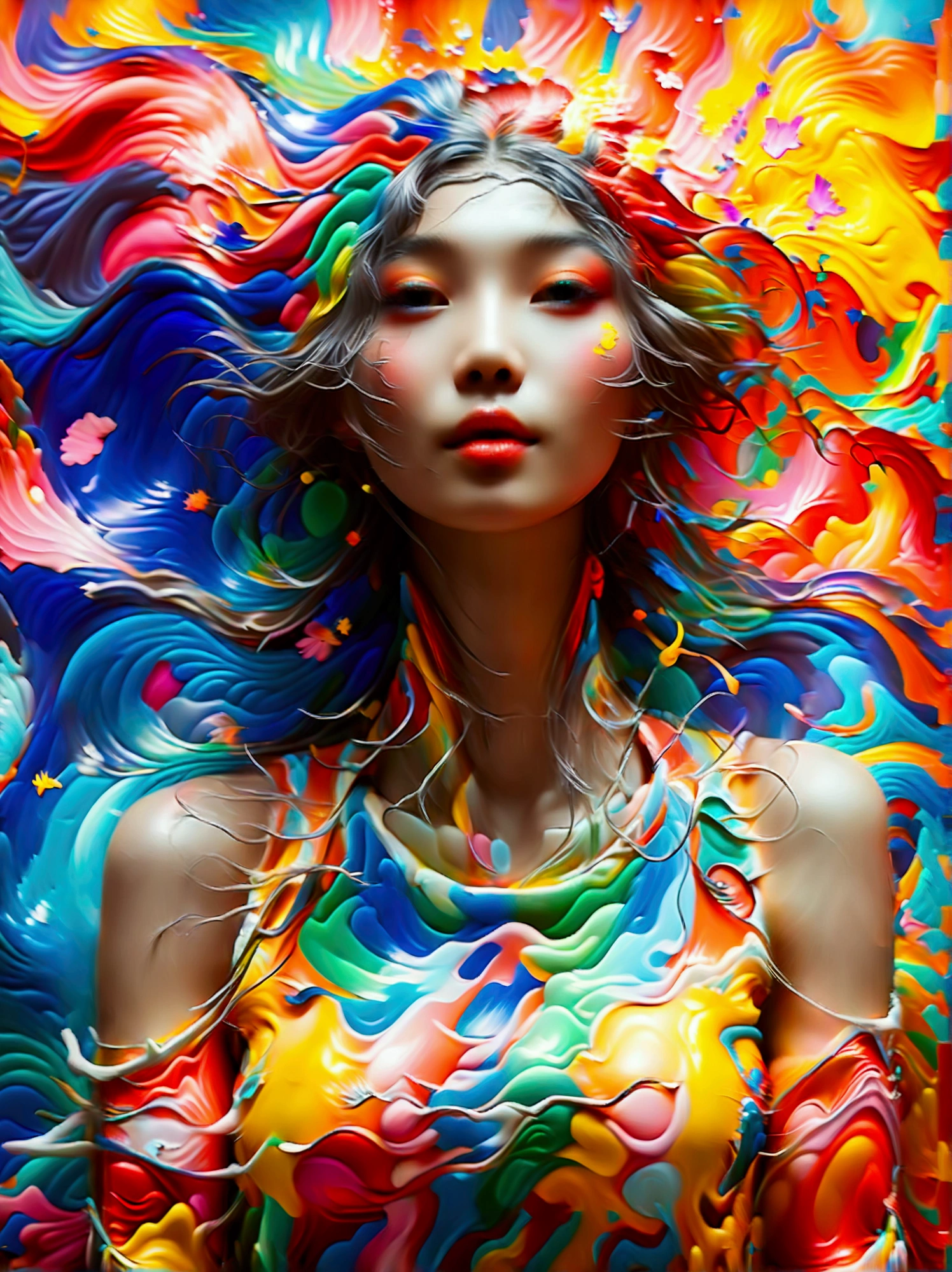 (Psychedelic painting of a beautiful girl standing in front of a colorful swirl:1.5), (Hip-hop pose:1.9)，Official Art，(Aesthetics and aesthetics:1.2)，(Fractal Art:1.3)，(Chinese girl&#39;s facial features，Extremely beautiful facial features:1.8)，Elegant dress，(Front view:1.9)，(Top photographers shoot full body shots with wide-angle lenses:1.5)，Looking at the audience，(Rainbow hair，Hair color，Half blue and half pink hair:1.2)，water，liquid，cloud，Bright colors，Like a star，masterpiece，Best quality，Anatomically correct，Textured Skin，Super Detail，8k，high resolution，Vibrant colors, Thick Line, wave, Multi-layer, prospect, view, fractal thunder dan mumford , Dan Mumford and Alex Grey Styles, Inspired by Cyril Rolando，Psychedelic Surreal Art, Surreal psychedelic design, Dream Art Style,  Psychedelic Art, Infinite psychedelic waves