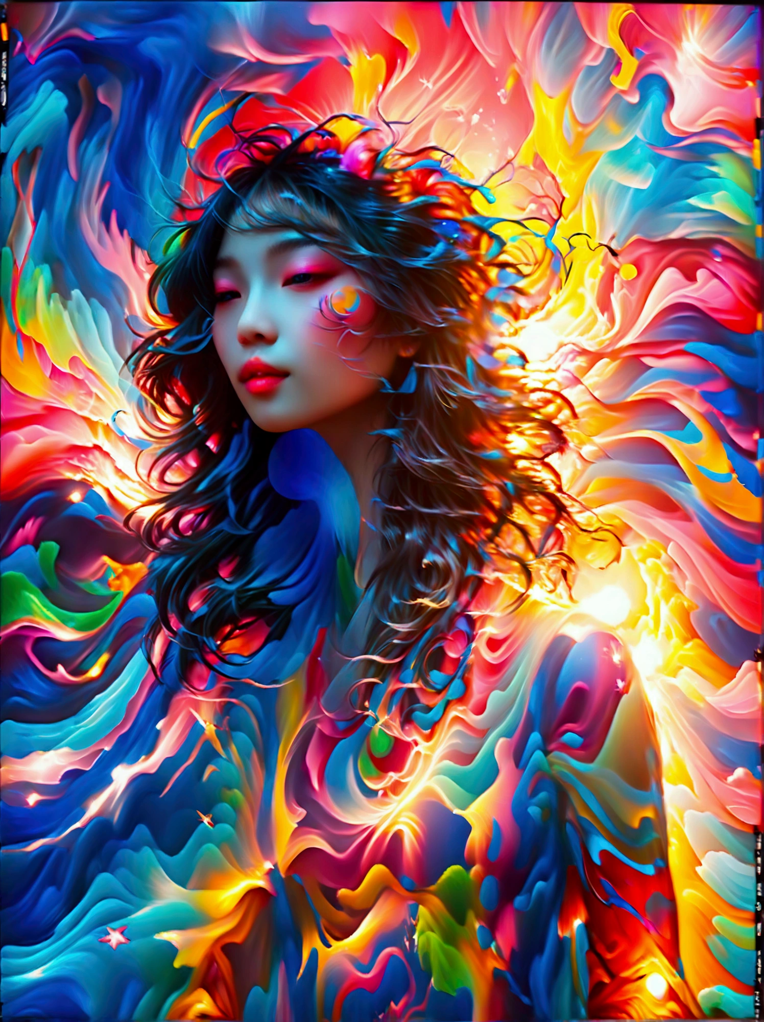 (Psychedelic painting of a beautiful girl standing in front of a colorful swirl:1.5), (Hip-hop pose:1.9)，Official Art，(Aesthetics and aesthetics:1.2)，(Fractal Art:1.3)，(Chinese girl&#39;s facial features，Extremely beautiful facial features:1.8)，Elegant dress，(Front view:1.9)，(Top photographers shoot full body shots with wide-angle lenses:1.5)，Looking at the audience，(Rainbow hair，Hair color，Half blue and half pink hair:1.2)，water，liquid，cloud，Bright colors，Like a star，masterpiece，Best quality，Anatomically correct，Textured Skin，Super Detail，8k，high resolution，Vibrant colors, Thick Line, wave, Multi-layer, prospect, view, fractal thunder dan mumford , Dan Mumford and Alex Grey Styles, Inspired by Cyril Rolando，Psychedelic Surreal Art, Surreal psychedelic design, Dream Art Style,  Psychedelic Art, Infinite psychedelic waves