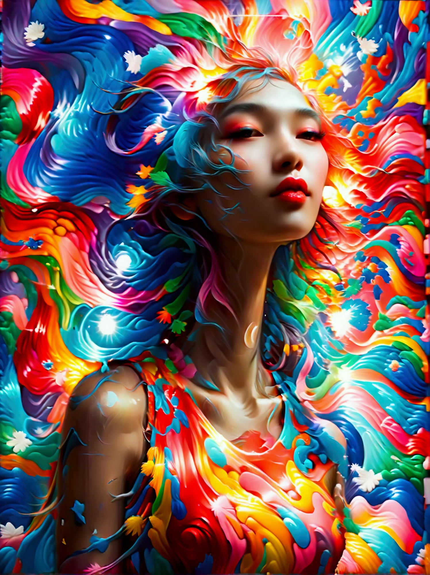 (Psychedelic painting of a beautiful girl standing in front of a colorful swirl:1.5), (Hip-hop pose:1.9)，Official Art，(Aesthetics and aesthetics:1.2)，(Fractal Art:1.3)，(Chinese girl&#39;s facial features，Extremely beautiful facial features:1.8)，Elegant dress，(Front view:1.9)，(Top photographers shoot full body shots with wide-angle lenses:1.5)，Looking at the audience，(Rainbow hair，Hair color，Half blue and half pink hair:1.2)，water，liquid，cloud，Bright colors，Like a star，masterpiece，Best quality，Anatomically correct，Textured Skin，Super Detail，8k，high resolution，Vibrant colors, Thick Line, wave, Multi-layer, prospect, view, fractal thunder dan mumford , Dan Mumford and Alex Grey Styles, Inspired by Cyril Rolando，Psychedelic Surreal Art, Surreal psychedelic design, Dream Art Style,  Psychedelic Art, Infinite psychedelic waves