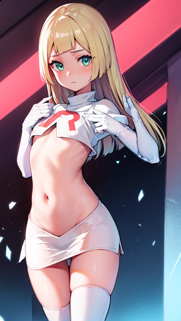 pokemon lillie,pokemon lillie green eyes, by rubio, by the wide (small breasts:1.2),
Team Rocket,Team Rocket uniform, red letter R, White skirt,White crop top,black thigh high stockings,black elbow length gloves BREAK looking at viewer,
BREAK (masterpiece:1.2), Best Quality, High resolution, unity wallpaper 8k, (illustration:0.8), (beautiful detailed eyes:1.6), extremely detailed face, perfect lighting, Extremely detailed CG, (perfect hands, perfect anatomy),