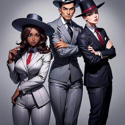 Two people. A woman and a man. Woman in gray suit and red tie. Man in pinstripe suit and white hat. Pose of a couple. Jojo pose....