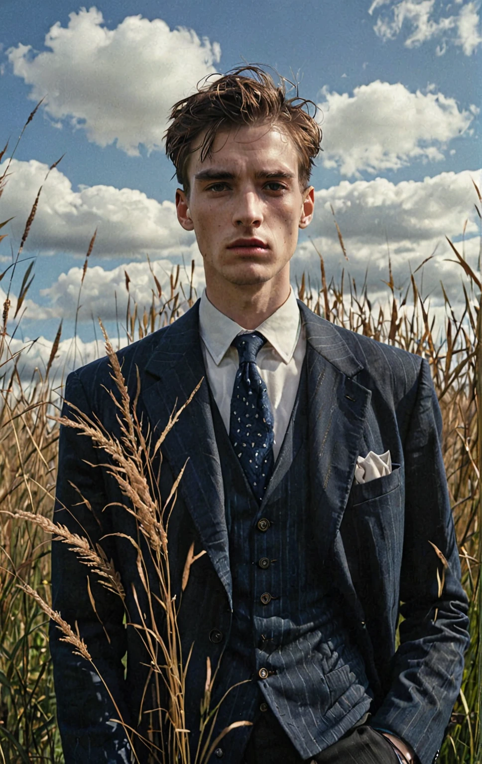 un hombre se para detrás de la hierba alta, En el estilo de la fotografía de moda, Paisajes escoceses, bronce claro y azul oscuro, Sastrería deconstruida, sin género, tomas en primer plano, estado de ánimo melancólico --ar 132:161 --s 750 --v 5.2