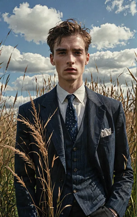 a man stands behind tall grass, in the style of fashion photography, scottish landscapes, light bronze and dark blue, deconstruc...