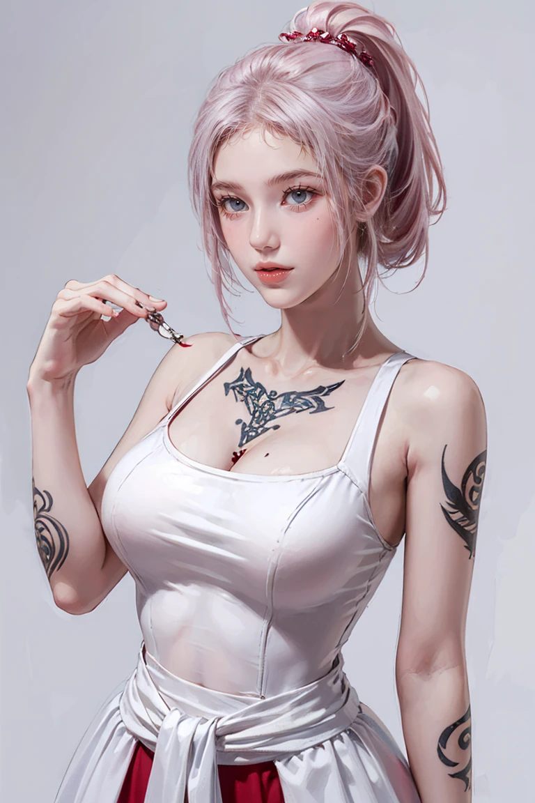 (Chest puffing pose),(Random Hairstyles),(Best image quality,(8k),Ultra-realistic,最high quality, high quality, High resolution, high quality,Attention to detail, White-pink hair, blue eyes, Red dress,(((Tight waist))), ((Large Breasts)),(See through),(((He has many tattoos all over his body)),Browsing Caution