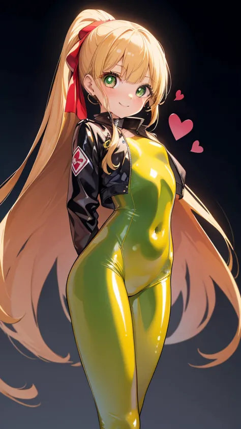 masterpiece,highest quality,one girl,blonde,long hair,reflective latex bodysuits,heart, green eyes,smile,leaning forward,put you...