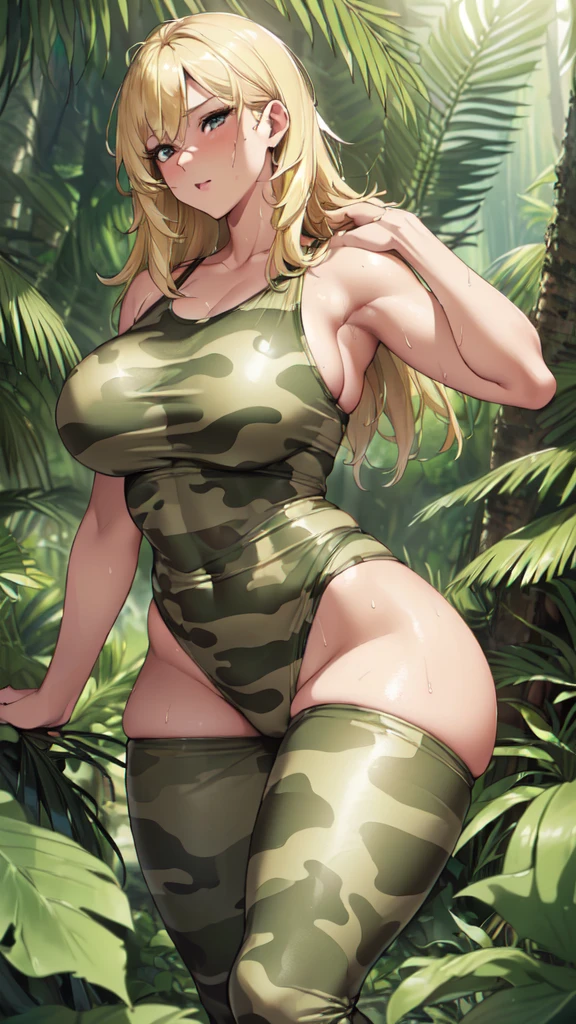 (masterpiece, high resolution:1.3), (beautiful, alluring blonde girl, with an impeccable, irresistible body, large breasts, and thick, shapely legs, walking confidently through the dense, lush jungle, dressed in tight, form-fitting camouflage pants and a matching top that accentuate her curves and reveal her toned, athletic figure:1.2), (her sultry, seductive gaze, locked onto the viewer, inviting them to join her on a wild, passionate adventure in the heart of the jungle:1.2), (the vibrant, exotic surroundings, filled with towering trees, colorful foliage, and the sounds of wildlife, creating a sensual, primal atmosphere that heightens the sexual tension:1.2), (the warm, humid air, causing a thin sheen of sweat to glisten on the girl's skin, as she moves gracefully and purposefully through the underbrush, her every movement exuding confidence, strength, and raw, animal magnetism:1.2), (an image that captures the essence of desire, temptation, and the irresistible allure of a woman who knows how to use her body to drive men wild:1.3), (ultra photorealistic, highlighting the fine details of the girl's attire, her facial features, and the surrounding jungle, as well as the delicate curves and contours of her body, partially revealed by her tight, camouflage clothing:1.3), (an image that transports viewers into the heart of a steamy, exotic jungle, where they can experience the thrill and excitement of encountering the seductive blonde girl:1.2), (a scene that embodies the fusion of nature, sensuality, and the human form, celebrating the girl's captivating beauty and magnetic presence:1.2), (lust:1.3), (4K cinematic quality:1.3), (((sfw)))