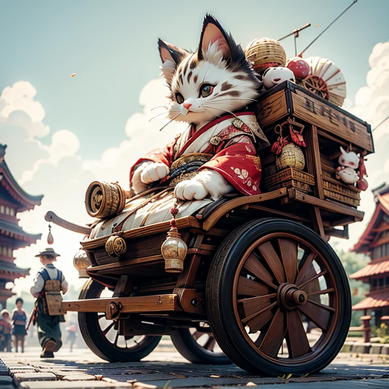 
(Top quality, high resolution, historical masterpiece) Giant cat pulling a Japanese rickshaw,