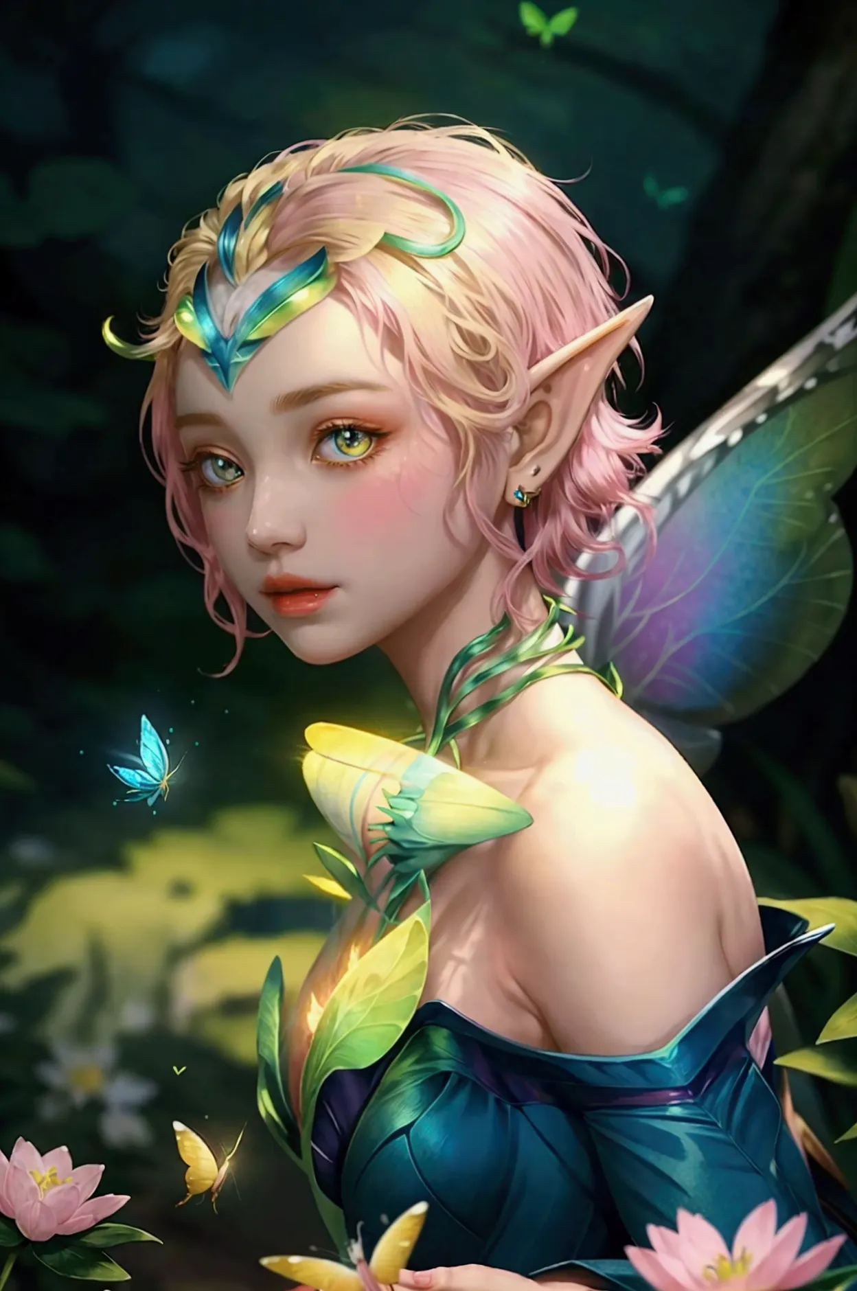 best quality，masterpiece，16k，1girl,butterflies on the head,butterfly on shoulder, antennae,butterfly in hand, blonde hair, blue ...