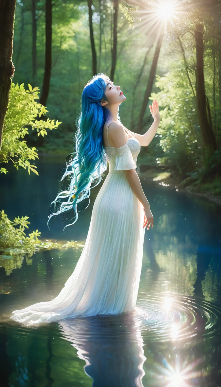 The goddess of the pond, adult woman, blue hair, long hair that reaches down to her waist, Scene of rising from the pond, Floating on the big pond, Sunlight filtering through the trees in the forest, white dress, Reaching out