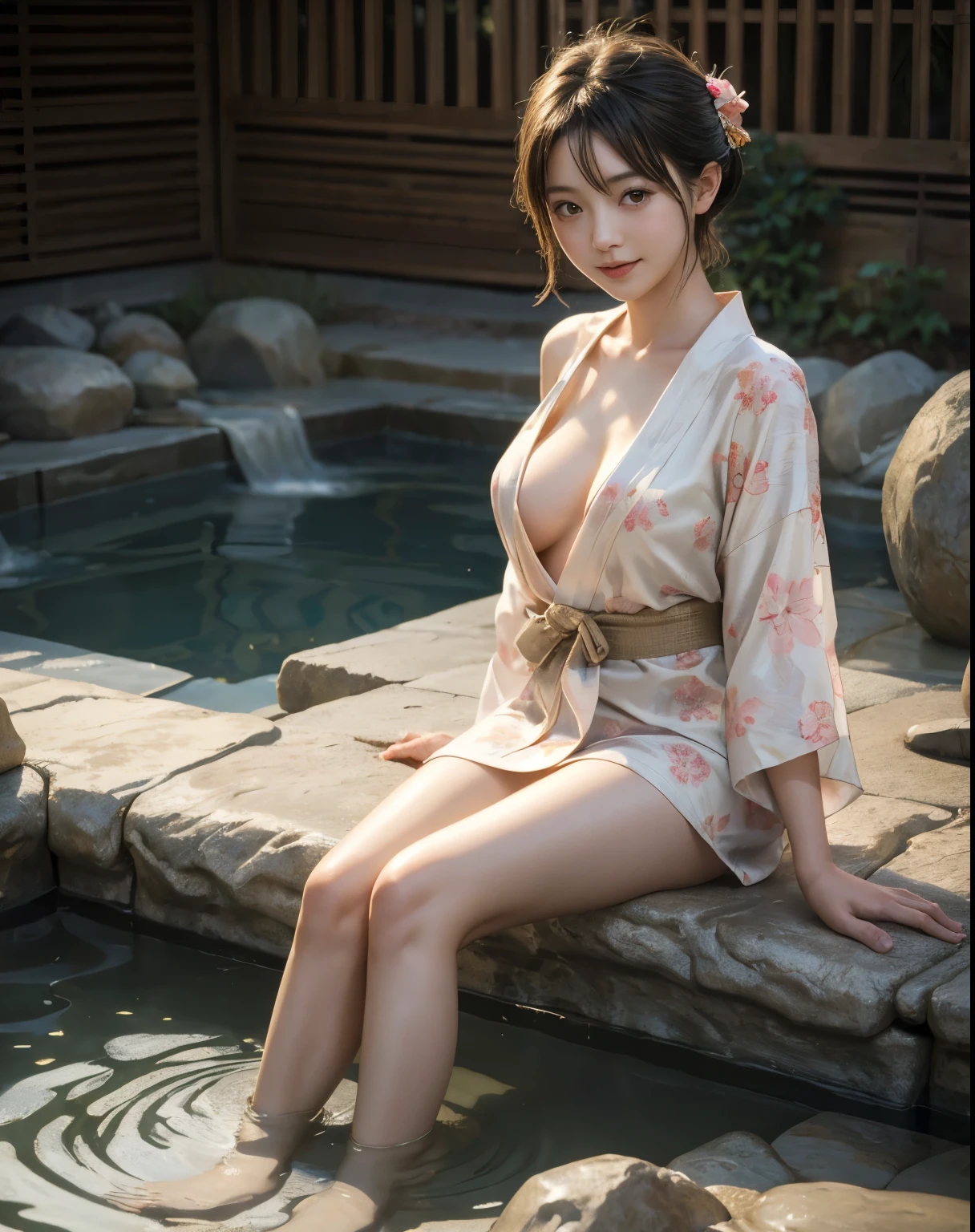 masterpiece, Highest quality, Realistic, 1 girl, Open-air hot spring, Yukata figure, I&#39;I&#39;I&#39;I&#39;My yukata got wet and became transparent., Wear a yukata and enter the hot springs, Drenched yukata, A woman wearing a yukata, Beautiful long hair, Big Ass, , Realistic美しいlegs, It&#39;Iの胸は大きいです, Sit with your legs wide apart, barefoot, Protruding nipples, My whole body was covered in foam., A well-trained body, Abdominal muscles, Professional Lighting, Glowing Skin, Full body photo including legs