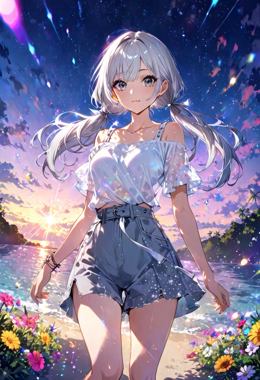 Highest quality　masterpiece　High resolution　masterpiece　Silver Hair　Grey Eyes　Low Twintails、Casual summer outfits　flowerpunk、sparkling particles of light、Vivid gradient effects