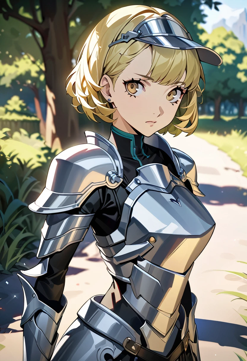 upper body, closed mouth,def_jade,looking at viewer, armor, breastplate,gauntlets, shoulder armor, pauldrons, boots, visor (armor), faulds, plate armor, greaves,outdoors, (masterpiece, best quality, ultra-detailed, best shadow)，blonde short hair