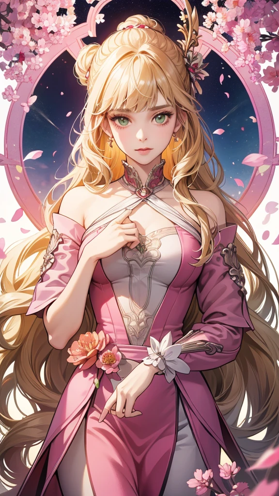 (absurdres, highres, ultra detailed), 1girl, mature female, wavy blonde hair, long hair, blunt bangs, green eyes, pink dress, finely detailed eyes and detailed face, extremely detailed CG unity 8k wallpaper, intricate details, BREAK , kaleidoscopic imagery, symmetrical patterns, vibrant colors, geometric shapes, mesmerizing designs, optical illusions, dynamic composition BREAK , pantomime art, expressive body language, silent storytelling, evocative gestures, visual narratives, theatrical performances BREAK , blooming flowers, colorful petals, fragrant scents, nature's bounty, vibrant gardens, peaceful scenery