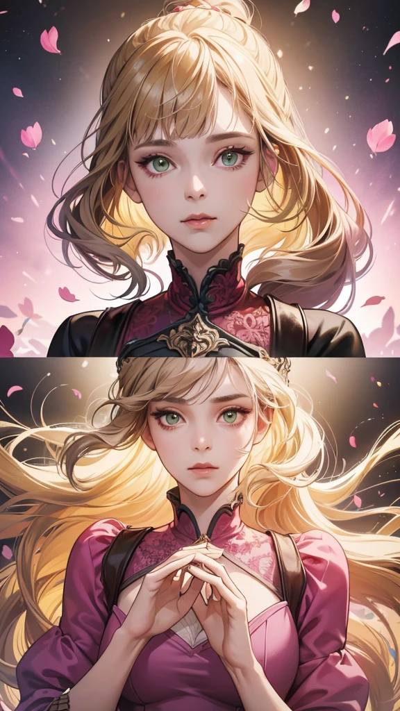 (absurdres, highres, ultra detailed), 1girl, mature female, wavy blonde hair, long hair, blunt bangs, green eyes, pink dress, finely detailed eyes and detailed face, extremely detailed CG unity 8k wallpaper, intricate details, BREAK , kaleidoscopic imagery, symmetrical patterns, vibrant colors, geometric shapes, mesmerizing designs, optical illusions, dynamic composition BREAK , pantomime art, expressive body language, silent storytelling, evocative gestures, visual narratives, theatrical performances BREAK , blooming flowers, colorful petals, fragrant scents, nature's bounty, vibrant gardens, peaceful scenery